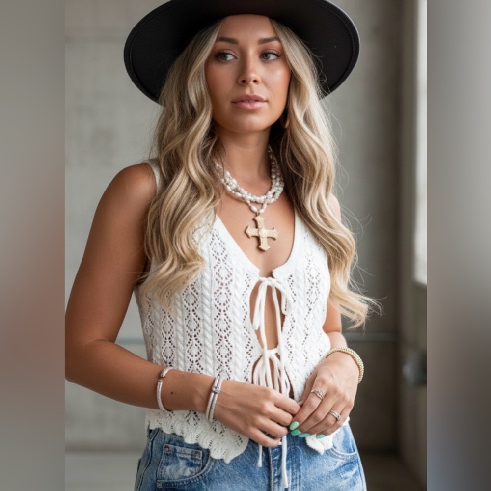 Promesa Crochet Knit Festival Tank Top Tie Front Taupe Vest Blouse - Picture 3 of 7